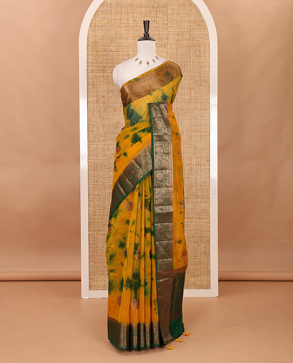 Yellow all over zari butta with shibori-style printed jute cotton saree, contrast zari border, zari line weaving pallu & contrast blouse