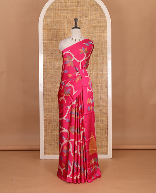 Borderless rani pink jamdani weaving design gajji silk saree and  jamdani design self pallu along with printed blouse