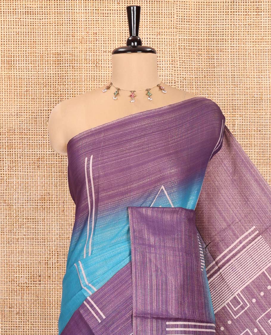 Blue Tissue Saree, Adorned with Horizontal Stripes and Geometric Motifs Printed All Over Its Body, Complemented by a Contrast-Printed Border, Pallu Depicts Geometric Patterns, and Paired with a Contrast Geometric Printed Blouse