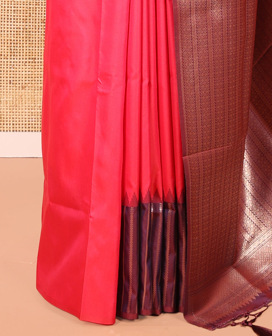 Pink Elite Soft Silk Saree, Spotlighted by Zari Buttas All Over Its Body, Complemented by Contrast Border Steeped with Geometric Patterns, Grand Pallu, and Paired with a Contrast Blouse