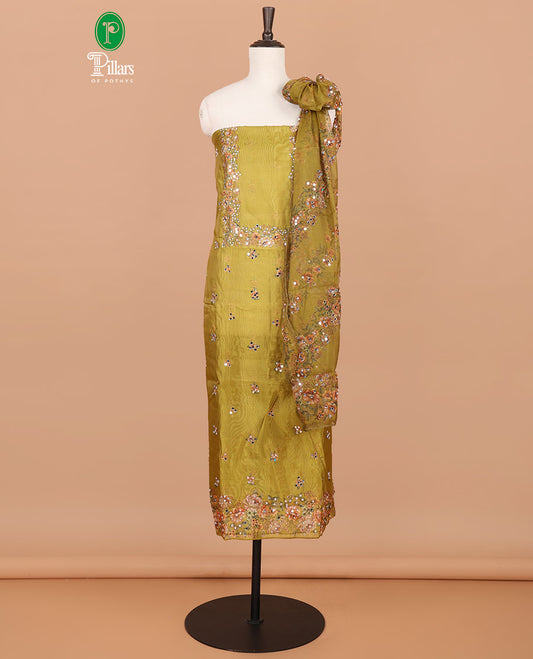 Leaf green floral print, mirror work organza chudidhar material top with santoon material pant & floral print, mirror work dupatta