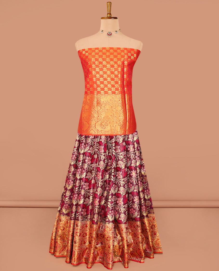 Maroon Pure Silk Half-Saree Woven with Floral Jacquard Design on Its Skirt, Complemented by a Contrast Meenakari Border Featuring Mayil and Yaanai Designs, Comes with a Contrast Jacquard Blouse and a Dhavani of Manga Designs