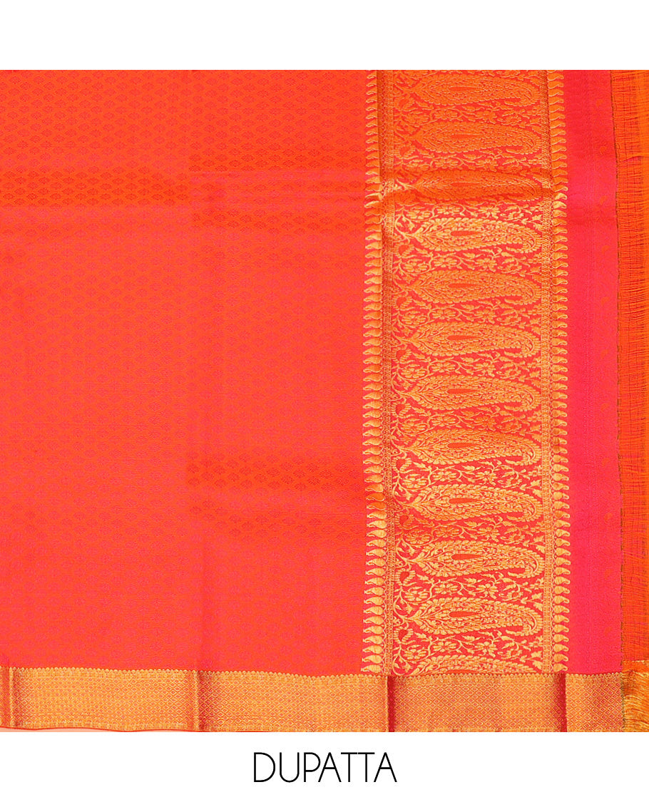 Maroon Pure Silk Half-Saree Woven with Floral Jacquard Design on Its Skirt, Complemented by a Contrast Meenakari Border Featuring Mayil and Yaanai Designs, Comes with a Contrast Jacquard Blouse and a Dhavani of Manga Designs
