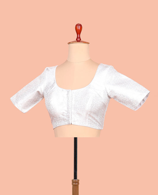 White brocade front-back round neck elbow-sleeve readymade blouse