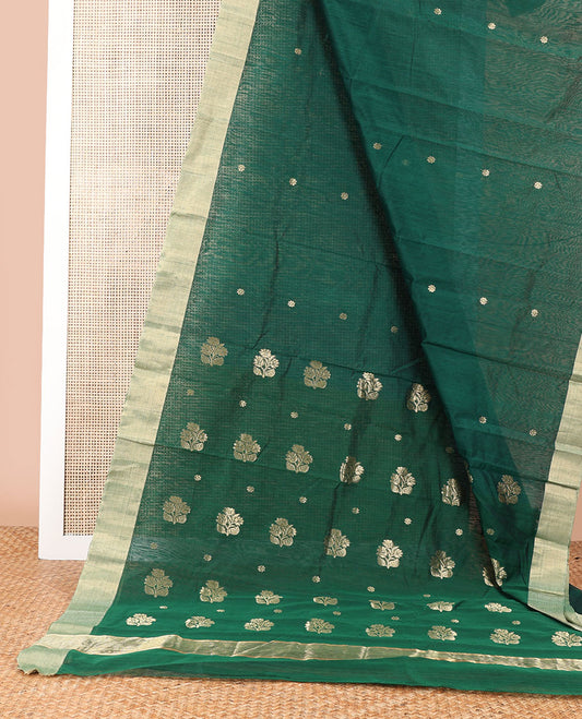 Dark green floral motifs chanderi cotton saree with self zari design border & striped pallu