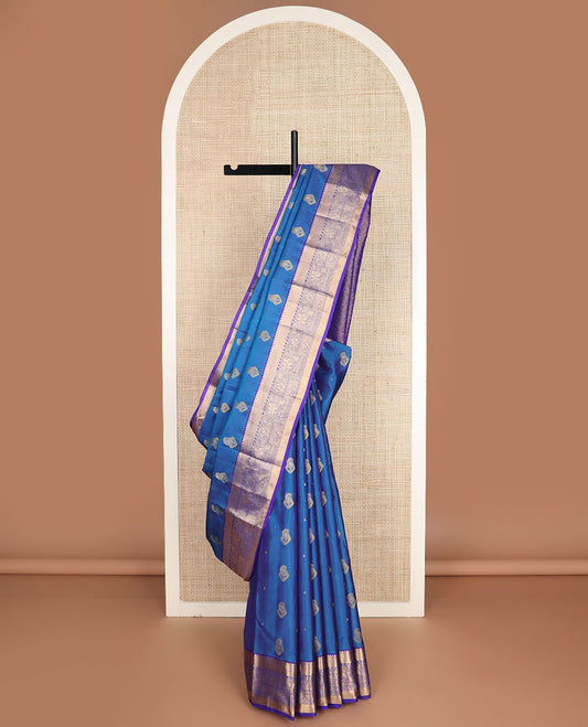 Blue zari buttas vasundhara silk mix saree, contrast jaal pallu & zari border of geometric & floral designs