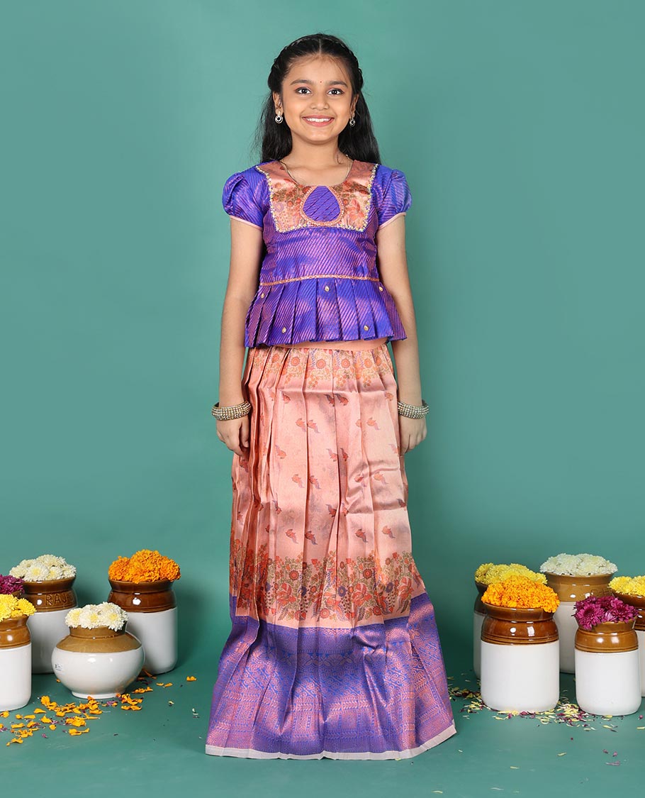 Peach art silk pavadai Readymade set, jacquard with contrast traditional zari border skirt, and contrast neck embroidered puff-sleeve blouse