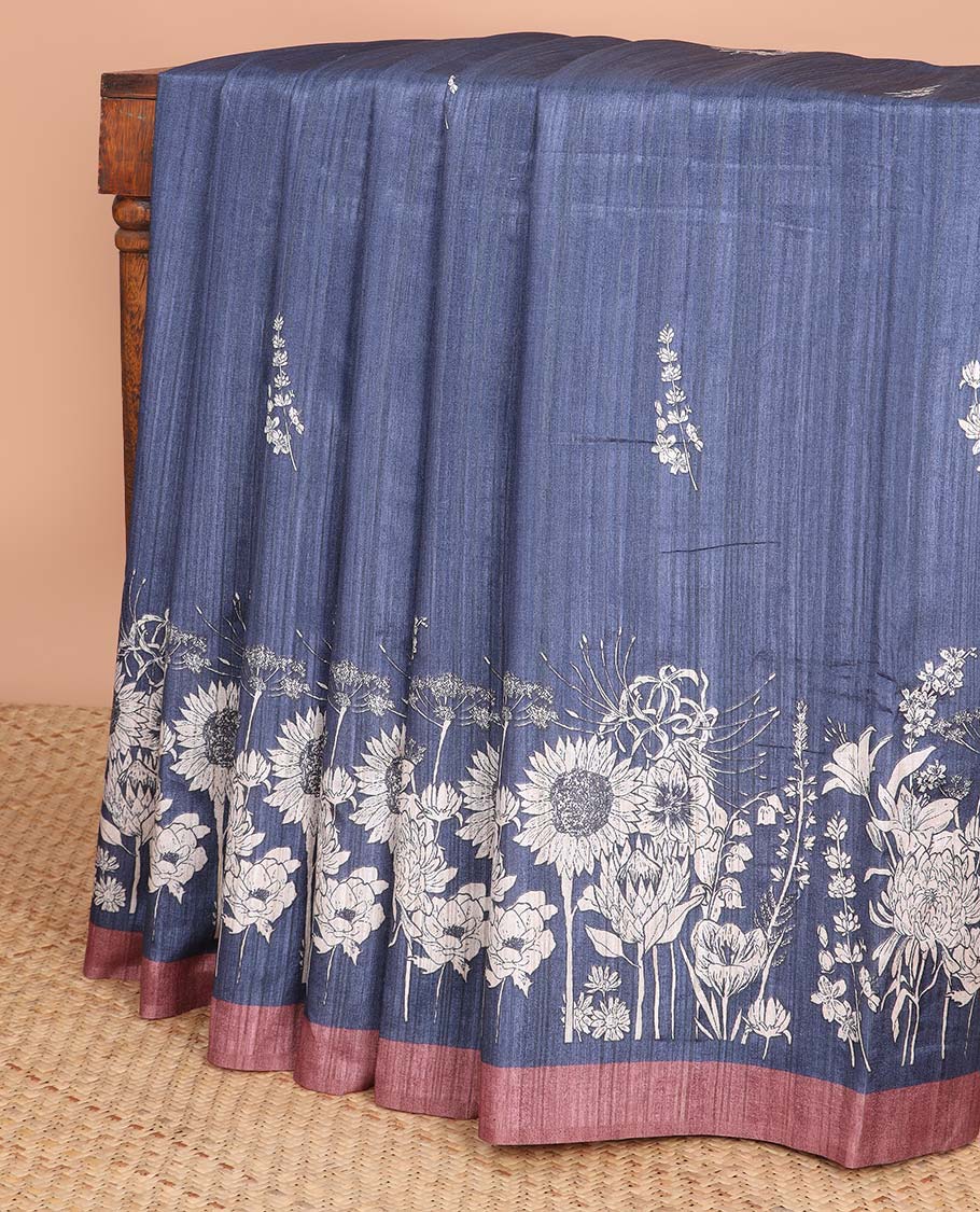 Blue floral digital printed semi-banaras tussar saree with contrast plain border