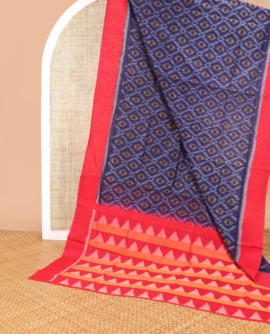 Dark blue argyle design ikkat cotton saree with contrast border & geometric design pallu