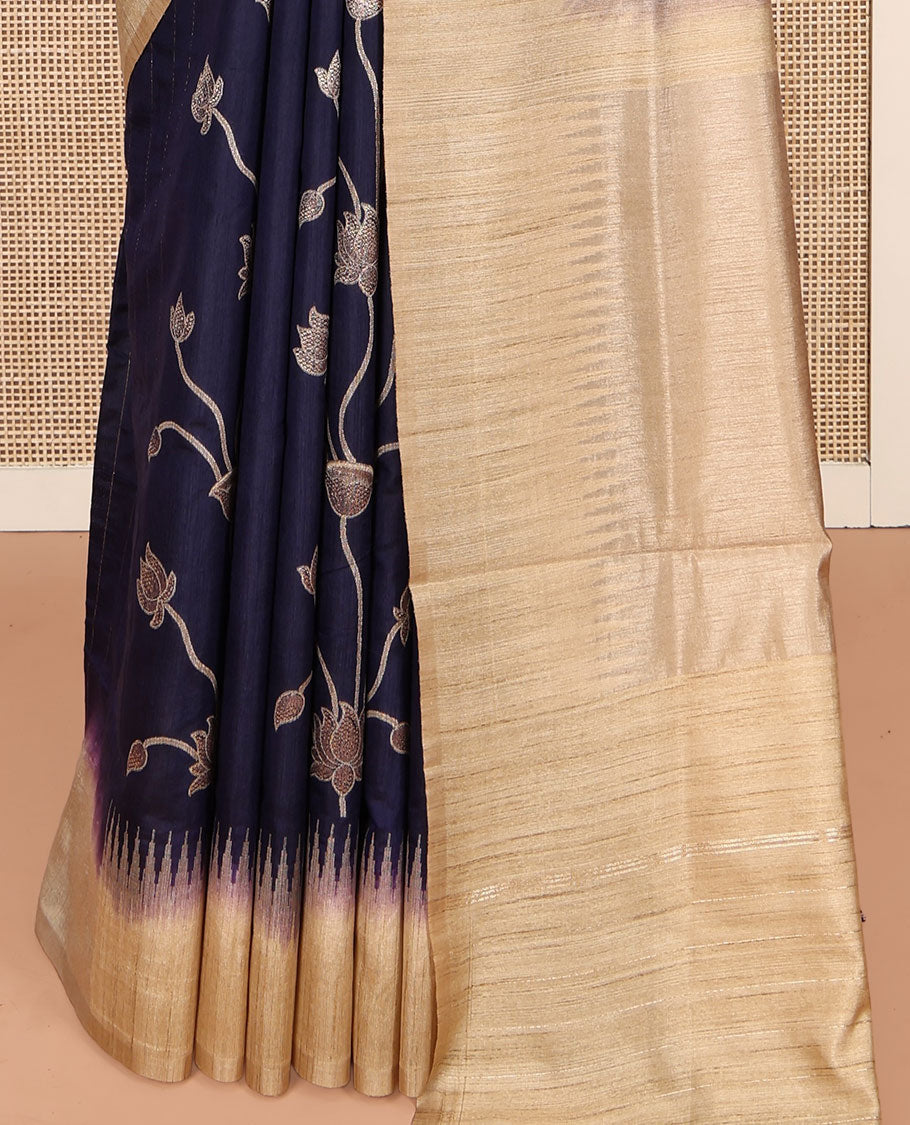 Blue Dupion Silk Saree, Artfully Detailed with Pichwai Lotus Vine, Complemented by Contrast Temple Border, Pallu of Pichwai Lotus Motifs, and a Contrast Blouse