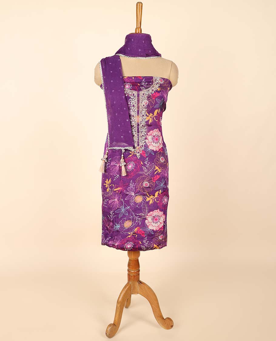 Purple material chudidhar set, floral print & embroidered top, plain bottom & embroidered dupatta