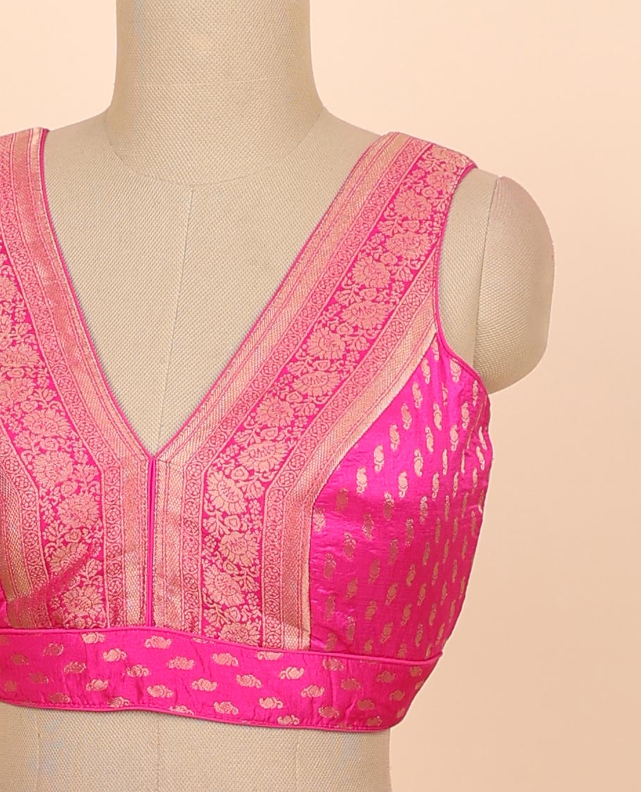 Pink intricate floral zari design front & back deep v-neck raw-silk readymade sleeveless blouse