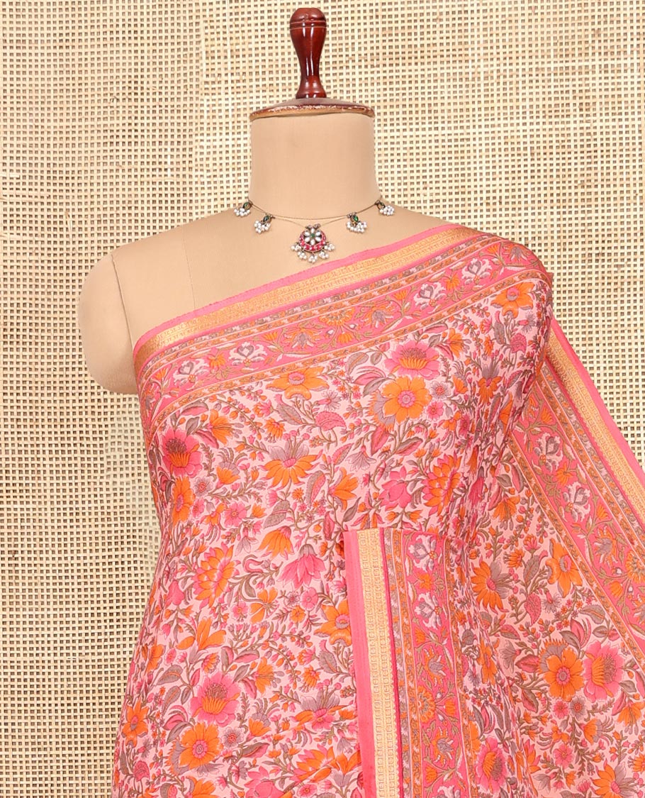 Pink Printed Silk Saree, Bedecked with Floral Vine Print, a Traditional Zari Border, Self-Pallu, and a Matching Blouse