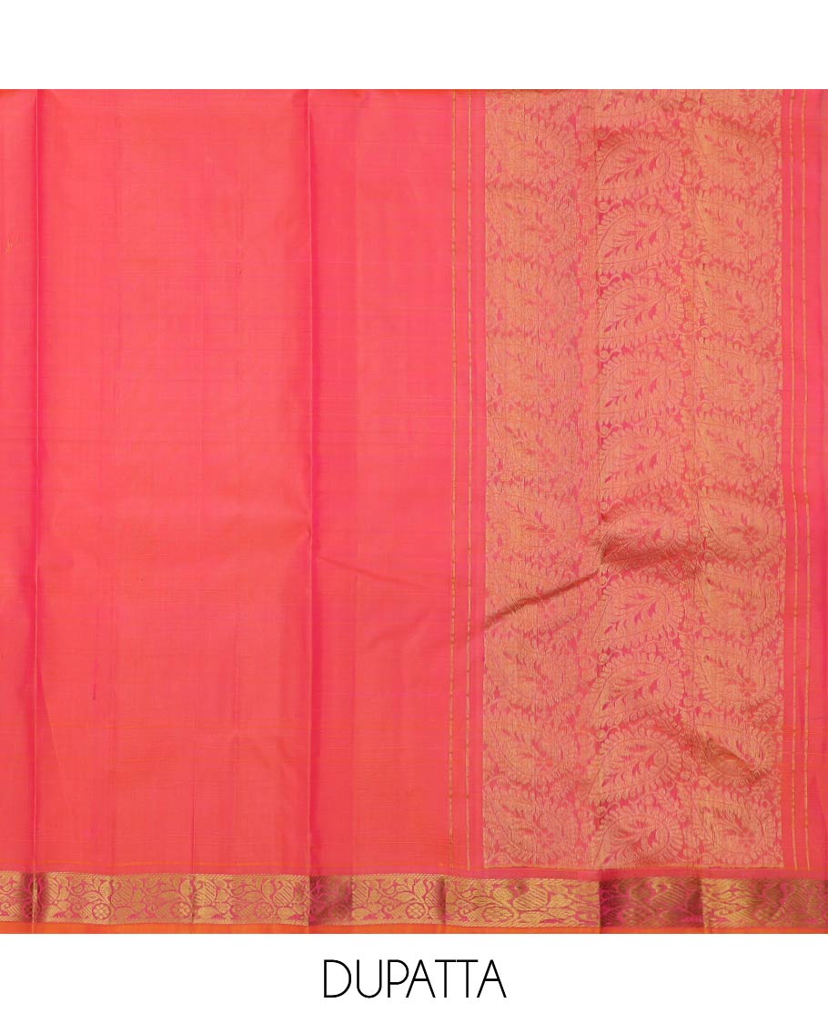 Green pure-silk half-saree, zari buttas and checked skirt, contrast kuyil kann and kodi manga border, zari design blouse, and a intricate zari woven dhavani