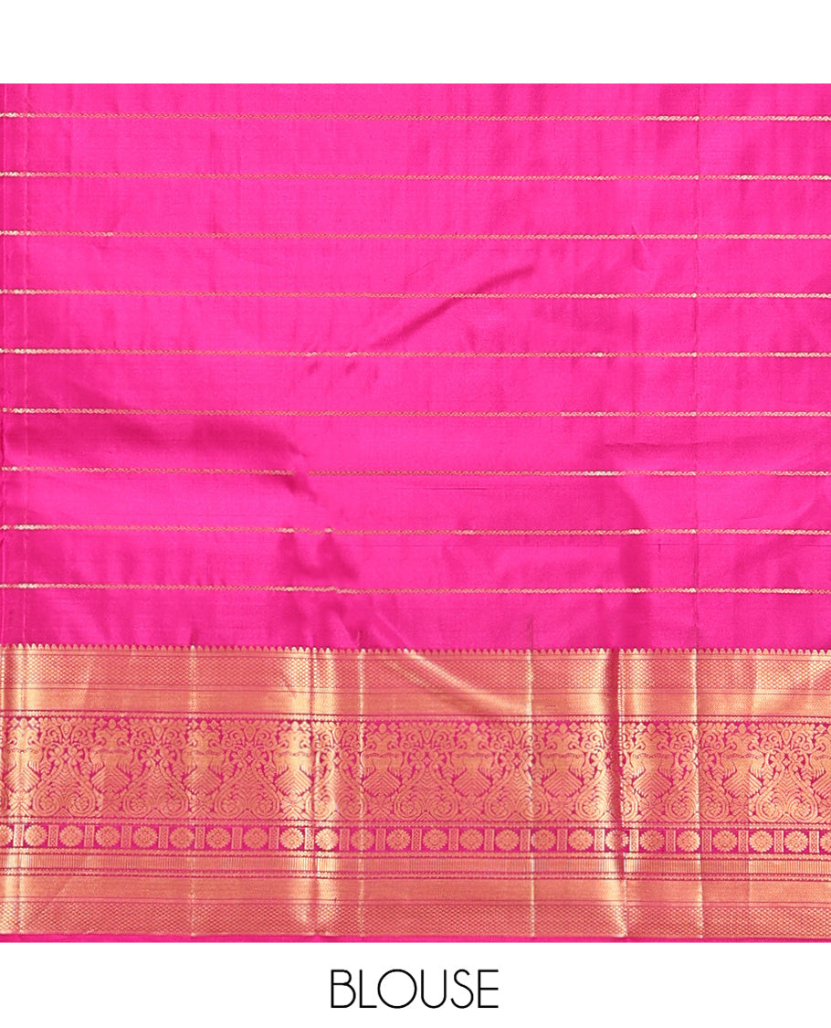 Purple Vasundhara Silk Saree, Enriched with Neli Stripes On Its Body, Complemented by Captivating Contrast Border of Mayil Kann, Vanki, Iru Thalaipakshi, Chakram, and Neli Designs, Grand Pallu, and Paired with a Contrast Blouse