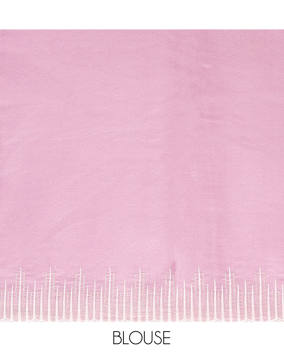 Pink Organza Saree, Delicately Woven with Abstract-Style Embroidery, a Scallop Border, and a Matching Blouse