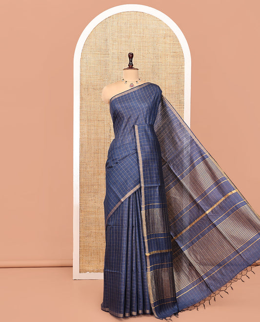 Blue-Checked Tussar Silk Saree, a Piping Border, Self-Pallu of Zari Stripes, and Matching Blouse