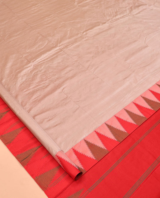 Pale Brown Plain Bangalore Silk Saree, Complemented by a Contrast Temple Border, Pallu of Stripes, and a Contrast Blouse