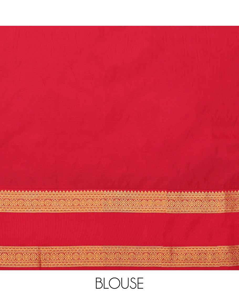 Green Budget Silk Saree, Artfully Woven with Zari Stripes and Peacock Buttas All Over Its Body, Complemented by Contrast Rettai Pettu Border of Traditional Zari Designs, Grand Jaal Pallu and Paired with a Contrast Blouse