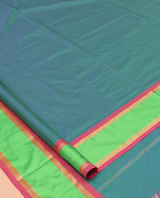 Peacock Micro-Checked Nine-Yard Saree, Complemented by a Contrast Rettai Pettu Border, Contrast Pallu of Stripes, and No Blouse