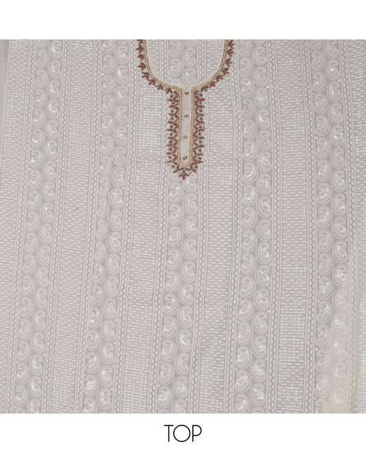 Cream and Pink Material Chudidar Set, Beautified with Chikankari-Style Thread and Sequins Embroidered on Georgette Top, a Plain Santoon Bottom, and Paired with a Floral Print and Chikankari-Style Embroidered Georgette Dupatta