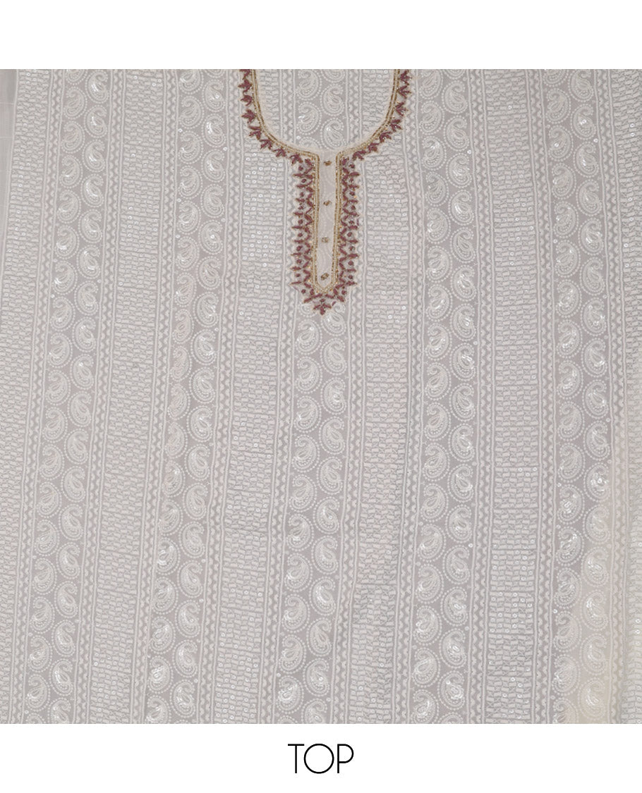 Cream and Pink Material Chudidar Set, Beautified with Chikankari-Style Thread and Sequins Embroidered on Georgette Top, a Plain Santoon Bottom, and Paired with a Floral Print and Chikankari-Style Embroidered Georgette Dupatta