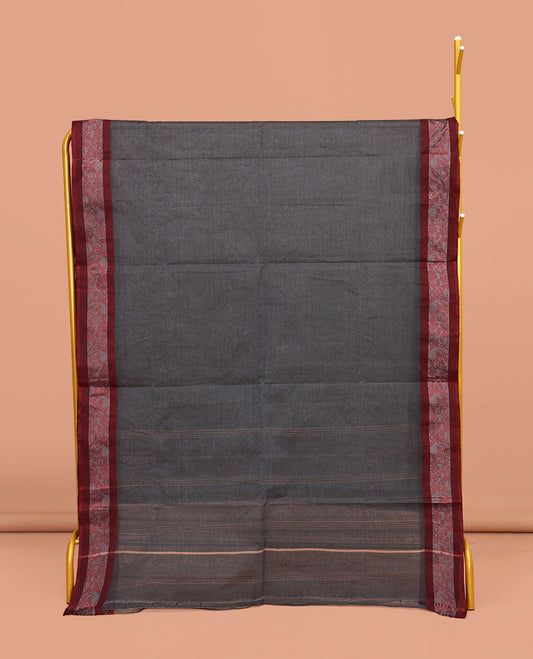 Grey Plain Bengal Cotton Saree, Complemented by a Contrast Floral Creeper Design Border, Pallu of Stripes, and Paired with a Matching Blouse