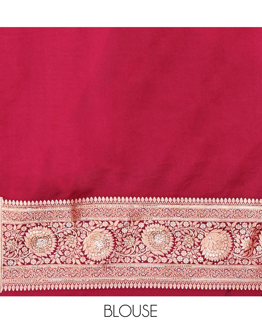 Red Wine Banarasi Satin Saree, Gleamed Up with Floral Jaal Jacquard, a Floral Creeper Border, Intricate Stonework Pallu, and a Matching Blouse