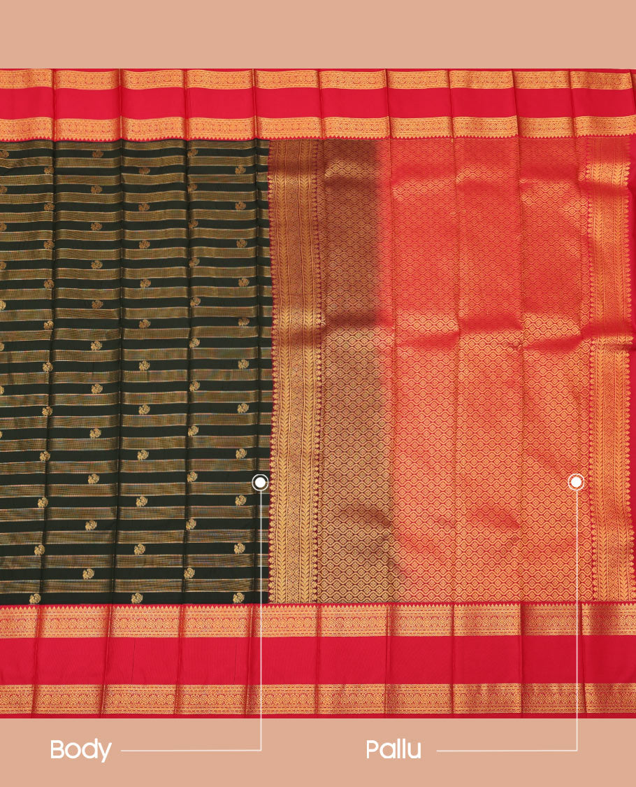 Green Budget Silk Saree, Artfully Woven with Zari Stripes and Peacock Buttas All Over Its Body, Complemented by Contrast Rettai Pettu Border of Traditional Zari Designs, Grand Jaal Pallu and Paired with a Contrast Blouse