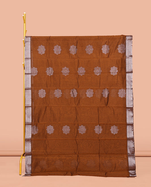 Brown Semi-Silk Cotton Saree, Woven with Zari Buttas All Over Its Body, Highlighted by a Zari Border, Grand Intricate Pallu, and Paired with a Matching Blouse