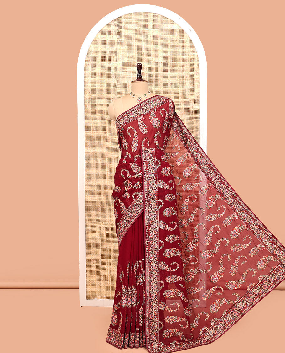 Wine Georgette Designer Saree Features Color-Thread Paisley Embroidery, a Matching Blouse