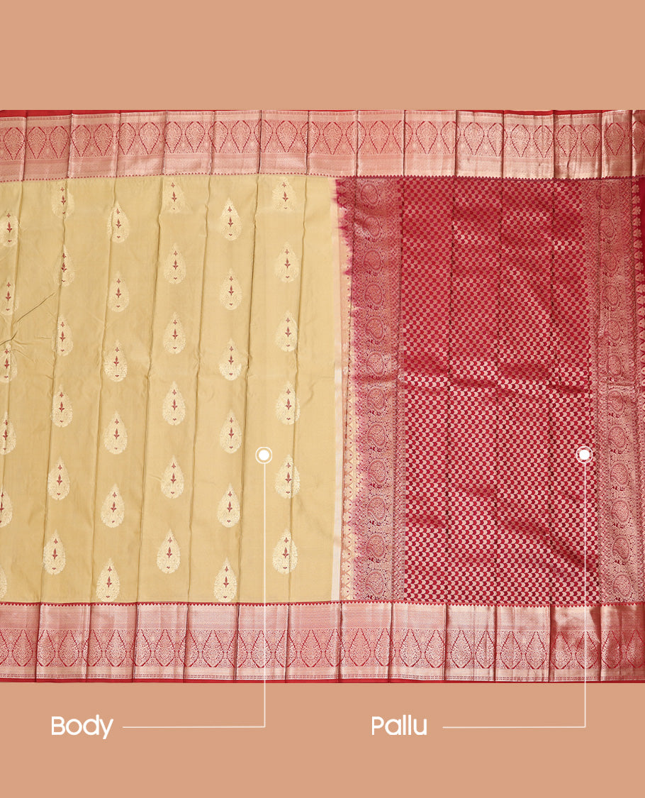 Fawn Brown Budget Silk Saree, Spotlighted with Meena Buttas All Over Its Body, Complemented by Contrast Traditional Zari Border, Geometric Patterned Pallu and Paired with a Contrast Blouse