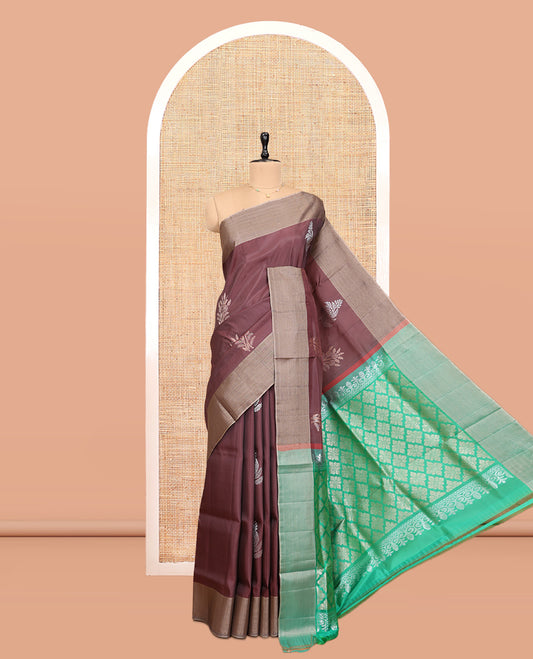 Brown Uppada Saree, Decorated with Floral Buttas, a Bavanji Border, Contrast Intricate Pallu, and a Contrast Blouse