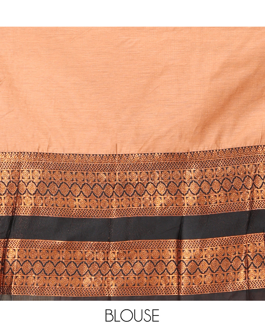 Sandal Chanderi Cotton Half-Saree, Plain Skirt, Contrast Traditional Zari Rettai Pettu Border, a Matching Blouse, and Contrast Dupatta