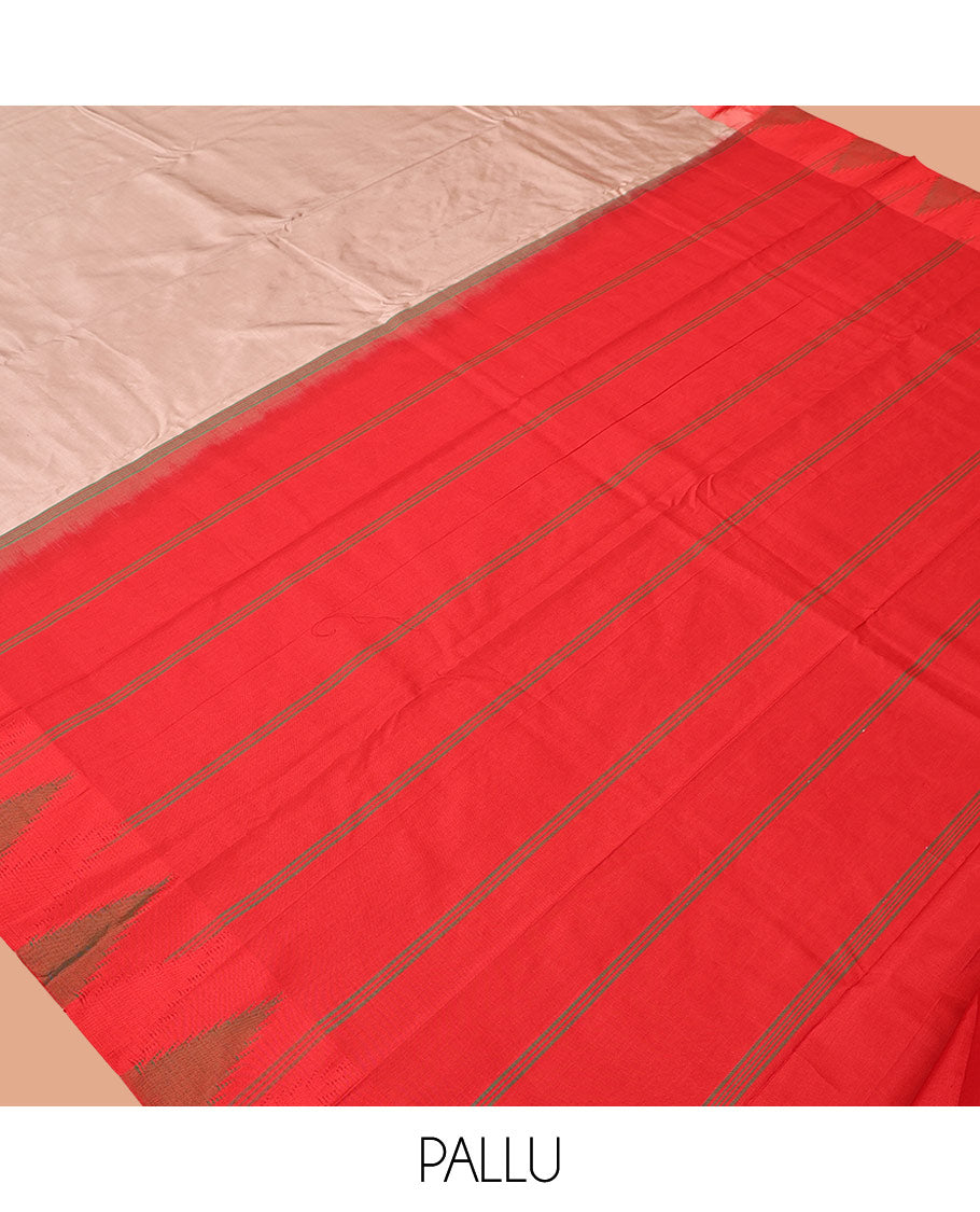 Pale Brown Plain Bangalore Silk Saree, Complemented by a Contrast Temple Border, Pallu of Stripes, and a Contrast Blouse