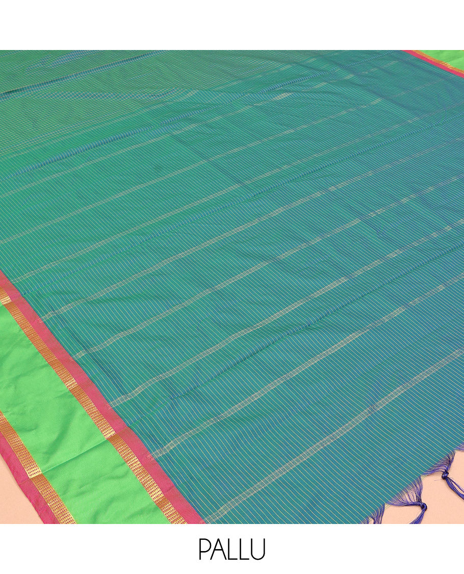 Peacock Micro-Checked Ten Yard Saree, Complemented by a Contrast Rettai Pettu Border, Contrast Pallu of Stripes, and No Blouse