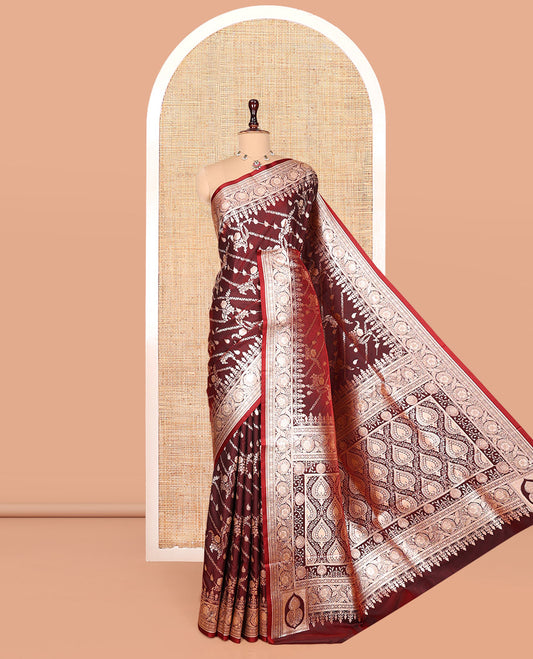 Maroon Banarasi Nylon Saree, Enriched with Buttas, Floral Creeper Zari Border, Intricate Pallu, and a Matching Blouse
