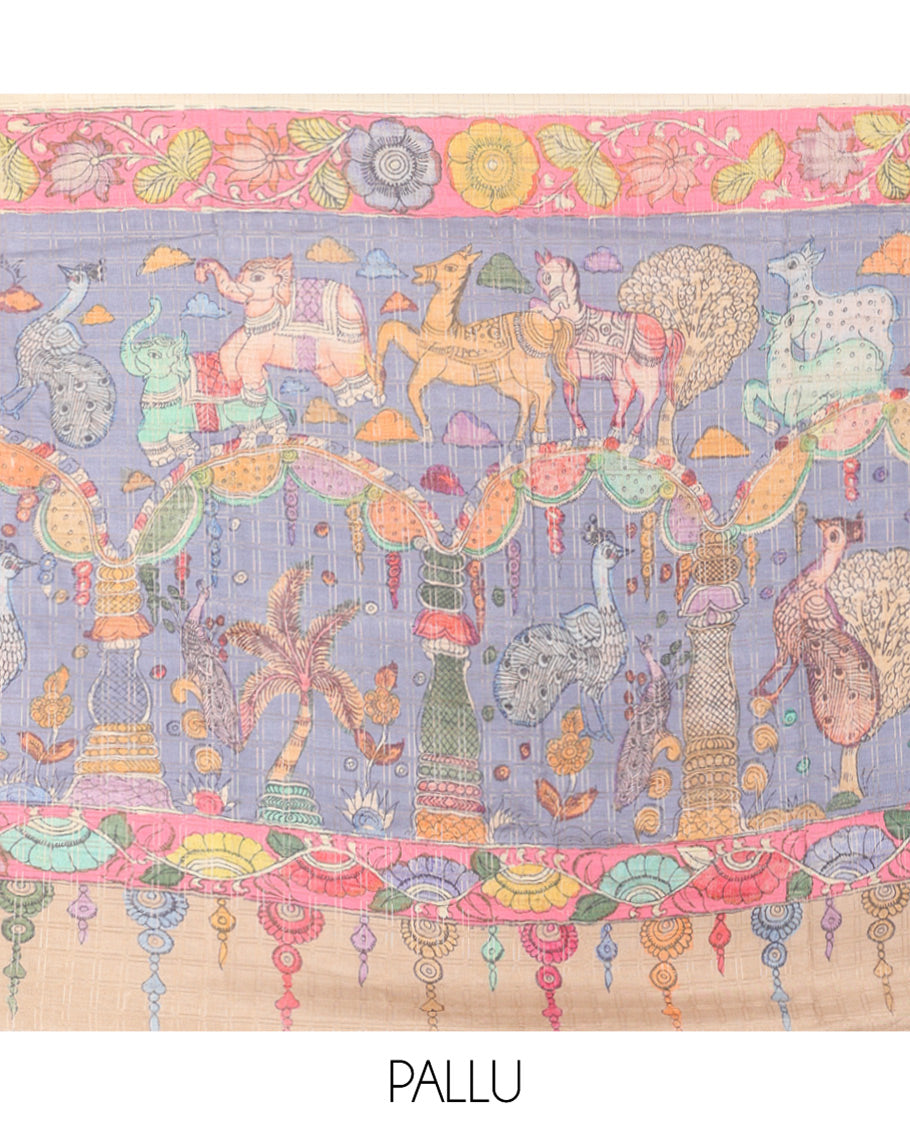 Cream Fancy Tussar Silk Saree, Embellished with Checked Design, Contrast Zari Piping Border, Pallu of Kalamkari Motifs, and Contrast Kalamkari Printed Blouse