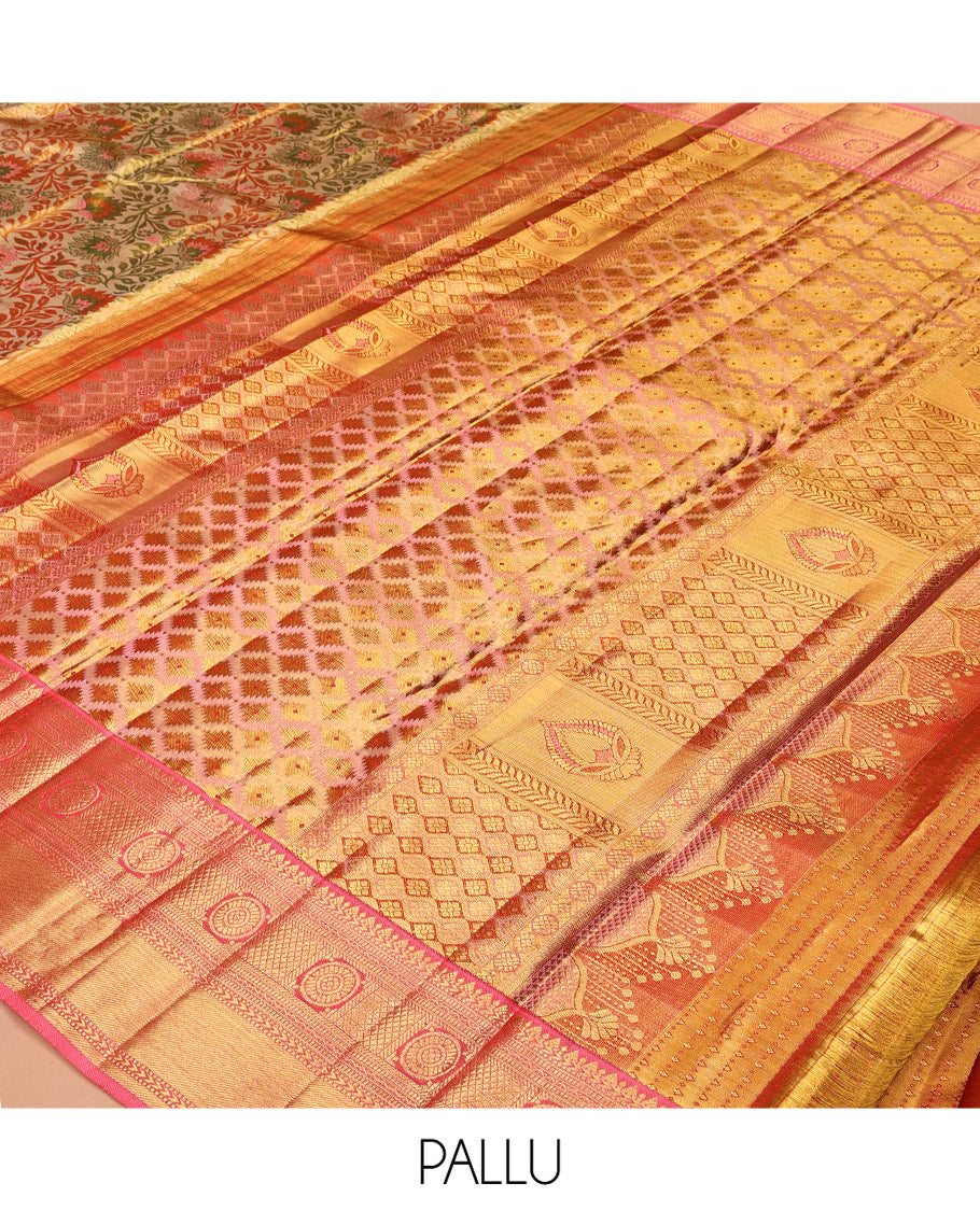 Gold Kanchipuram Tissue Silk Saree, Majestically Detailed with Floral Meenakari Jacquard, Contrast Border of  Kathir, Muthu, Neli, Kuyil Kann, and Chakram, Jaal Pallu, and Contrast Blouse
