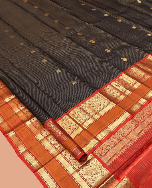 Black Kanchipuram Silk Saree, Woven with Zari Buttas and Checks, Contrast Border of Mayil and Muthu Designs, Intricately Designed Pallu, and Contrast Blouse