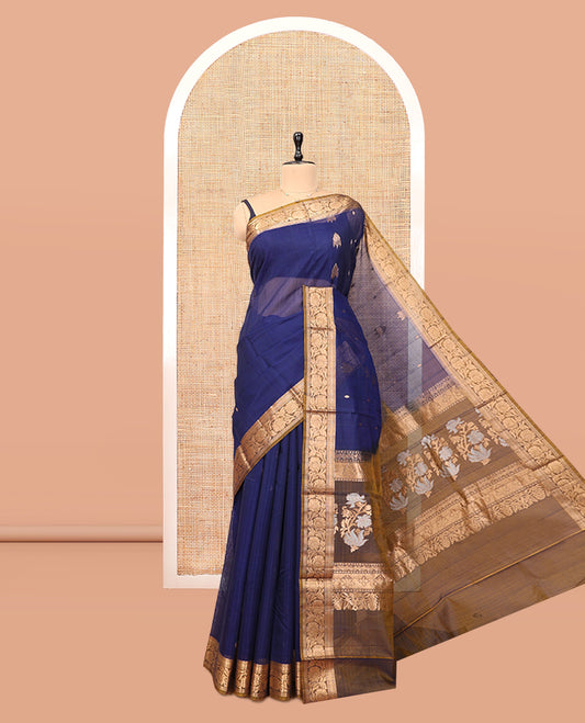 Blue Silk Cotton Saree, Finely Crafted with Zari Buttas, a Contrast Floral Creeper Border, Floral Pallu, and a Contrast Blouse