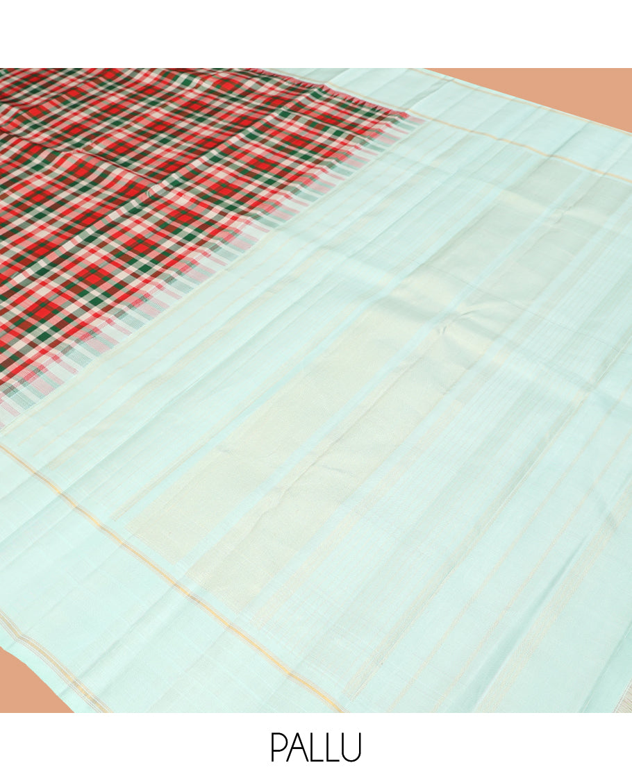 Multi-Color Checked Kanchipuram Silk Saree, Complemented by a Contrast Bodi Thazampoo Rekku Border, Zari Striped Pallu, and a Contrast Blouse