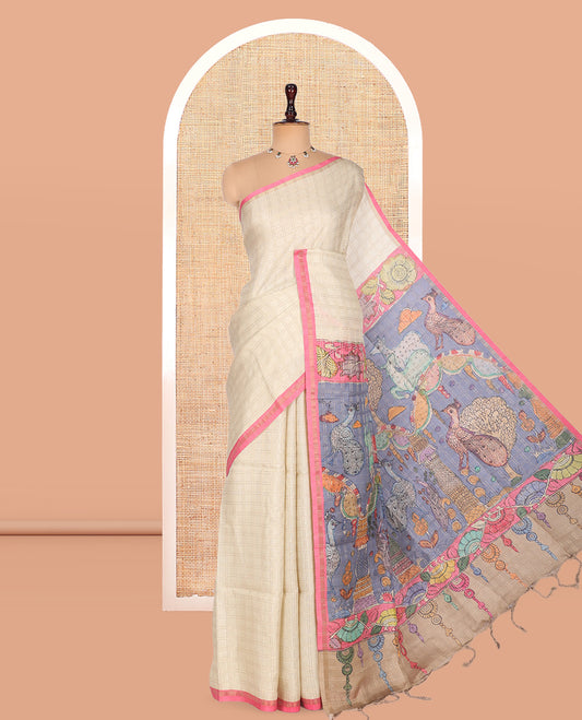 Cream Fancy Tussar Silk Saree, Embellished with Checked Design, Contrast Zari Piping Border, Pallu of Kalamkari Motifs, and Contrast Kalamkari Printed Blouse