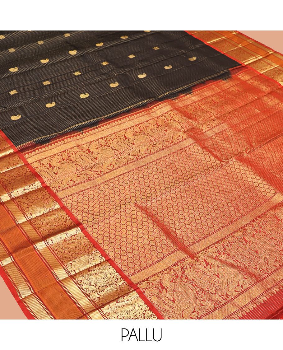 Black Kanchipuram Silk Saree, Woven with Zari Buttas and Checks, Contrast Border of Mayil and Muthu Designs, Intricately Designed Pallu, and Contrast Blouse