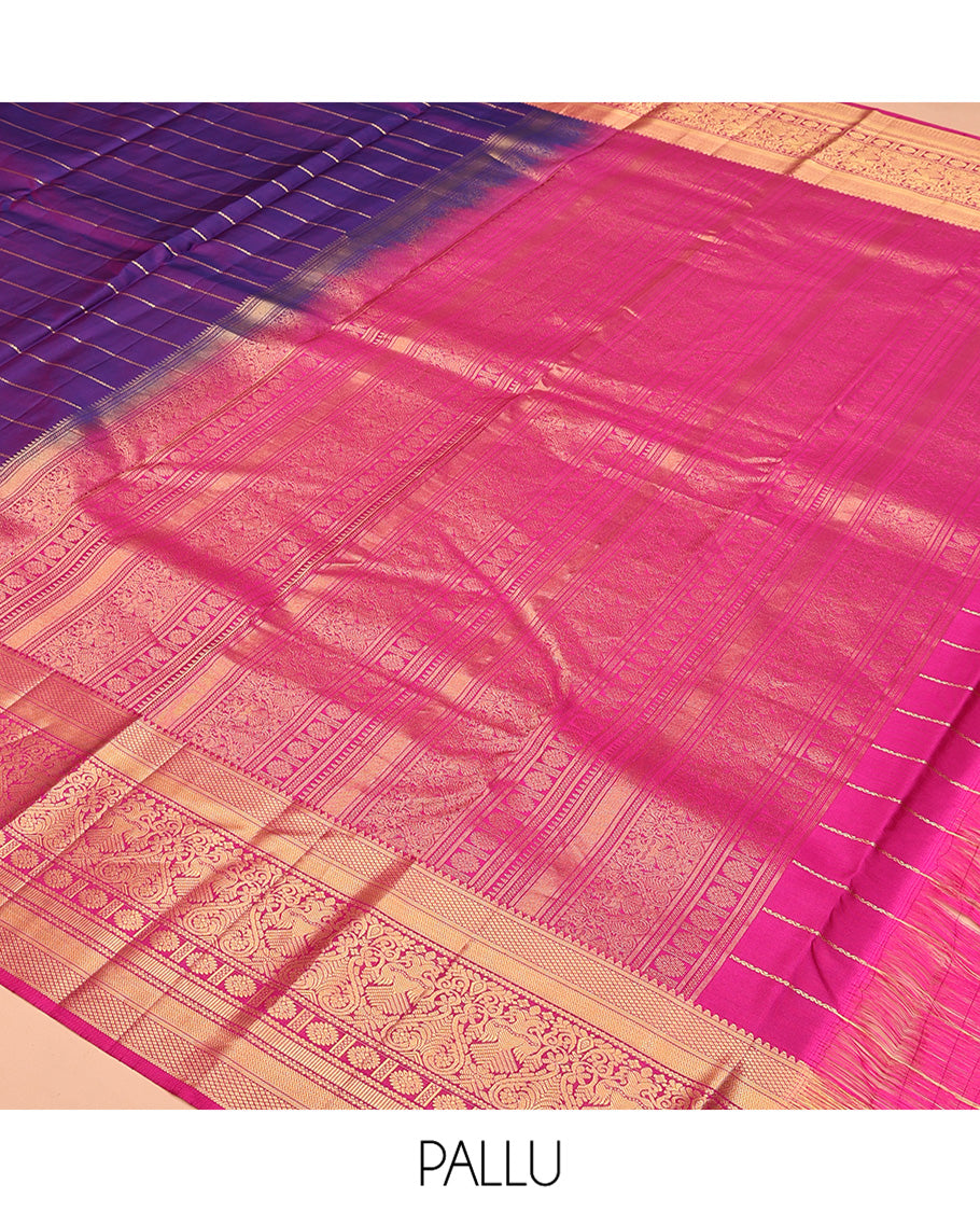 Purple Vasundhara Silk Saree, Enriched with Neli Stripes On Its Body, Complemented by Captivating Contrast Border of Mayil Kann, Vanki, Iru Thalaipakshi, Chakram, and Neli Designs, Grand Pallu, and Paired with a Contrast Blouse