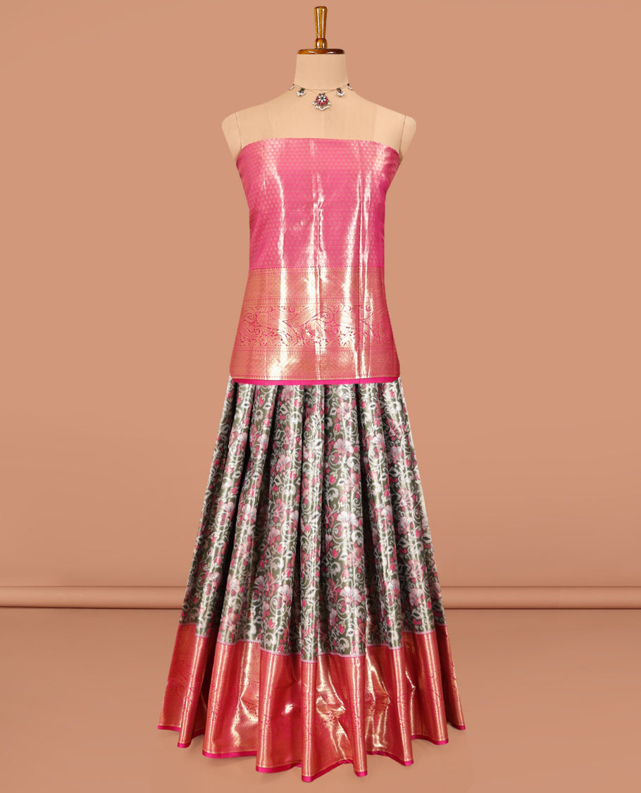 Grey Art Silk Material Half Saree, Richly Detailed with Jacquard Skirt, a Contrast Traditional Zari Border, Contrast Blouse, and an Intricate Dhavani