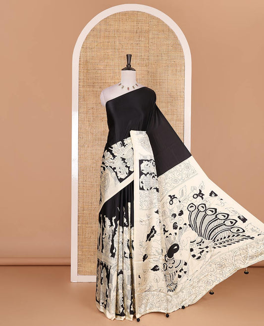 Borderless black and chikku colored kalamkari human figurines printed Gaji silk saree, kalamkari printed pallu and blouse