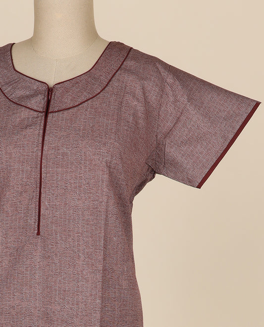 Brown floral printed round neck cotton half-sleeve nighty