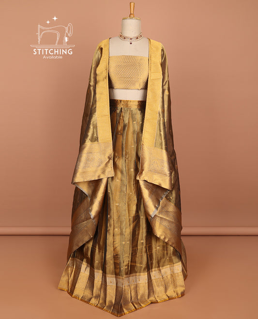 Brown zari buttas art silk half saree with contrast zari border, zari checked design blouse & intricate zari design dhavani