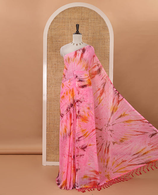 Borderless pink shibori-style printed & sequins work marble chiffon saree, self-pallu with tassels & contrast embroidered blouse